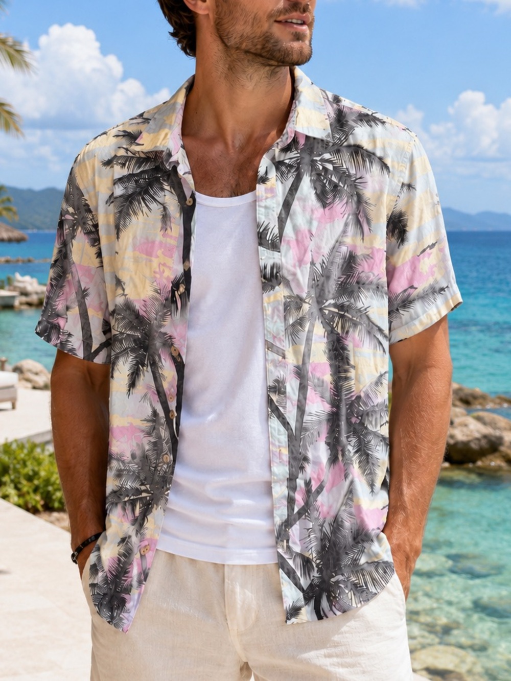 Denim & Flower Men's Short-Sleeve Palm Print Shirt — Pink, Gray & Cream Hawaiian